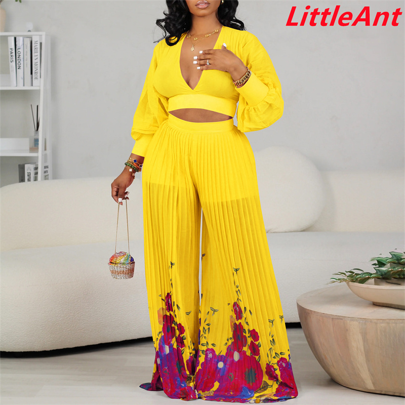 Two piece suit pants top V-neck chiffon lantern sleeve top pleated wide leg pants two piece suit dress dresses women's fashion