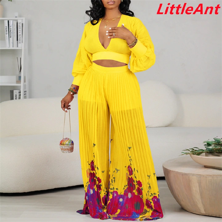 Two piece suit pants top V-neck chiffon lantern sleeve top pleated wide leg pants two piece suit dress dresses women's fashion