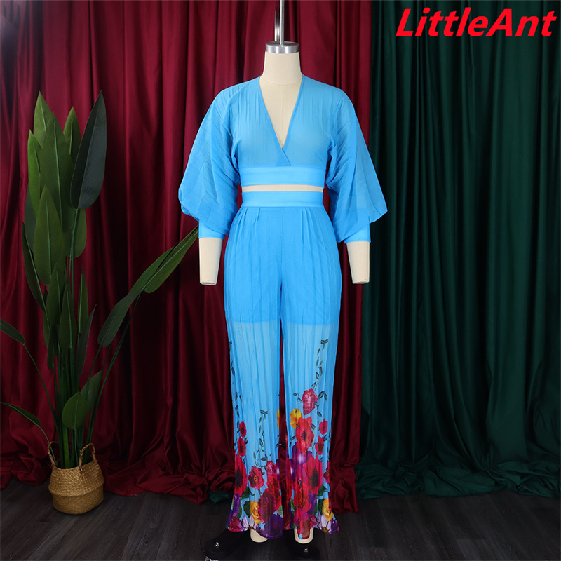 Two piece suit pants top V-neck chiffon lantern sleeve top pleated wide leg pants two piece suit dress dresses women's fashion