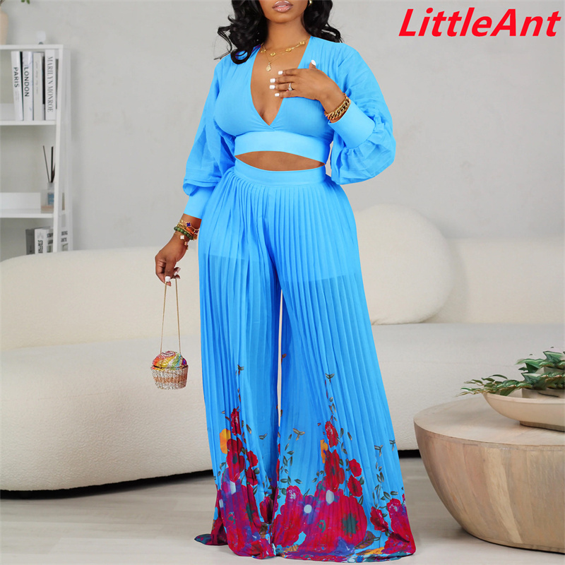 Two piece suit pants top V-neck chiffon lantern sleeve top pleated wide leg pants two piece suit dress dresses women's fashion