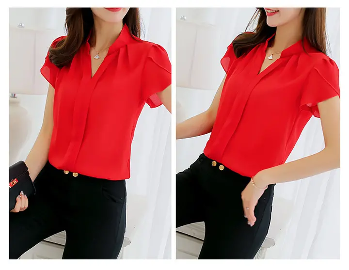Women's Fashion Short Sleeve Top ,Women Tops Chiffon Shirt,Formal Office Blouse High Quality Solid Color Fashion Slim Size Short Sleeve Casual  Stylish Ladies Shirt  Women's Fashion Short Sleeve Top
