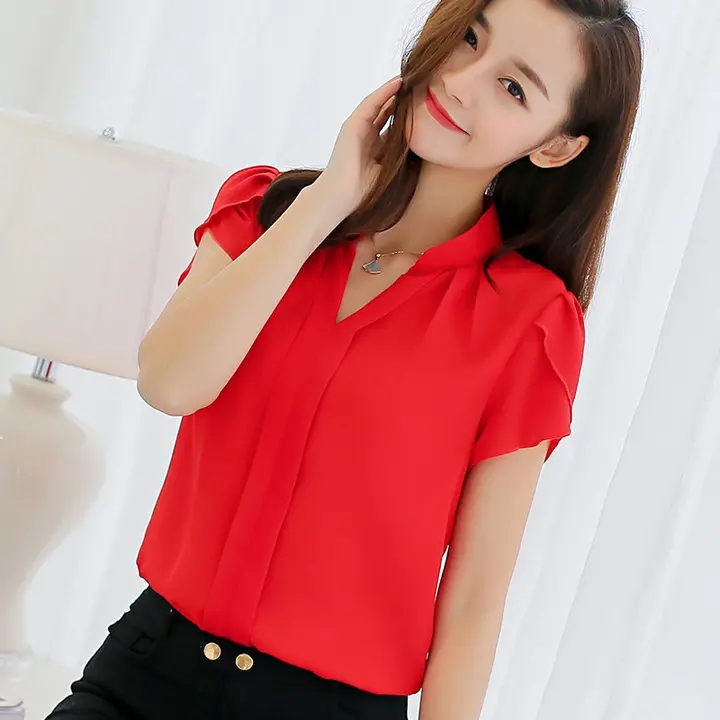 Women's Fashion Short Sleeve Top ,Women Tops Chiffon Shirt,Formal Office Blouse High Quality Solid Color Fashion Slim Size Short Sleeve Casual  Stylish Ladies Shirt  Women's Fashion Short Sleeve Top