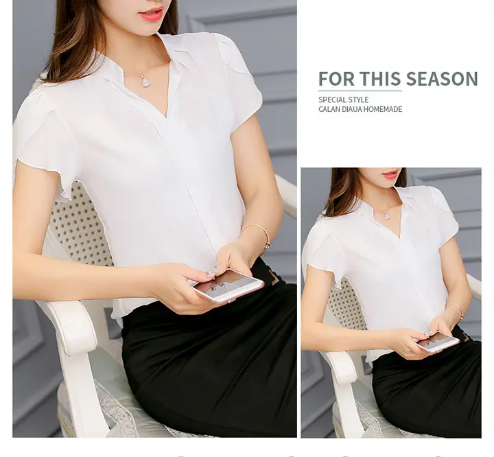 Women's Fashion Short Sleeve Top ,Women Tops Chiffon Shirt,Formal Office Blouse High Quality Solid Color Fashion Slim Size Short Sleeve Casual  Stylish Ladies Shirt  Women's Fashion Short Sleeve Top