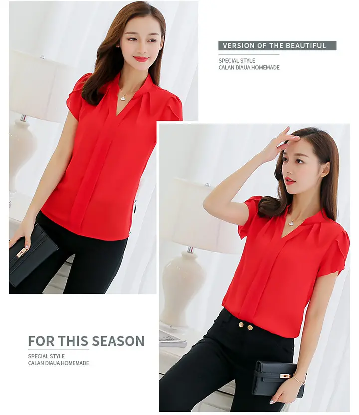 Women's Fashion Short Sleeve Top ,Women Tops Chiffon Shirt,Formal Office Blouse High Quality Solid Color Fashion Slim Size Short Sleeve Casual  Stylish Ladies Shirt  Women's Fashion Short Sleeve Top