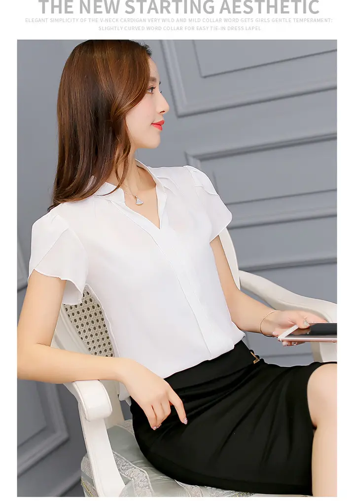 Women's Fashion Short Sleeve Top ,Women Tops Chiffon Shirt,Formal Office Blouse High Quality Solid Color Fashion Slim Size Short Sleeve Casual  Stylish Ladies Shirt  Women's Fashion Short Sleeve Top