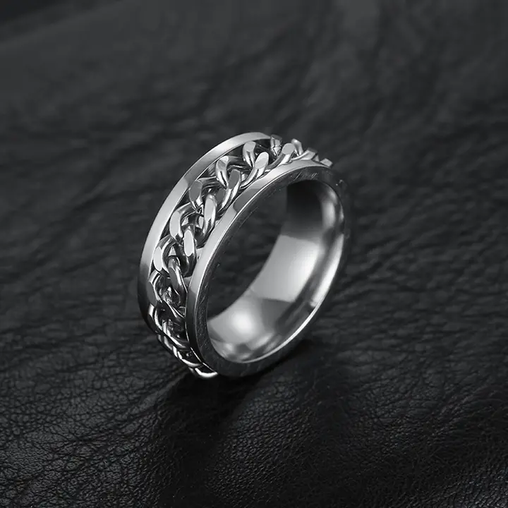 Stainless steel men's fashion single ring Simple ring with chain