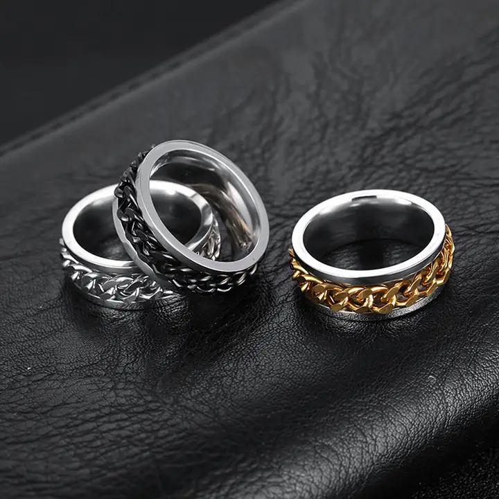 Stainless steel men's fashion single ring Simple ring with chain