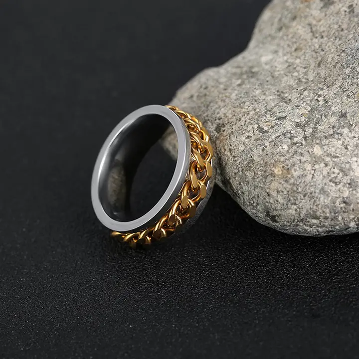 Stainless steel men's fashion single ring Simple ring with chain