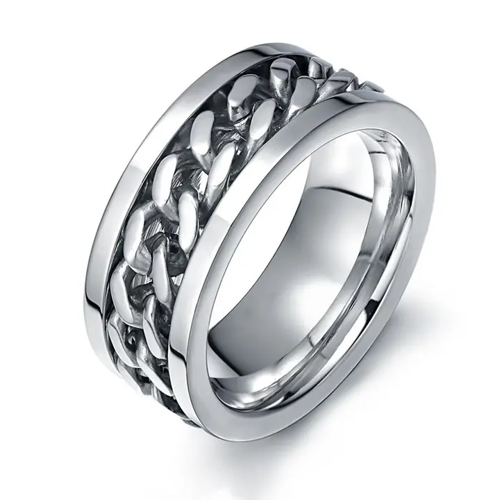 Stainless steel men's fashion single ring Simple ring with chain