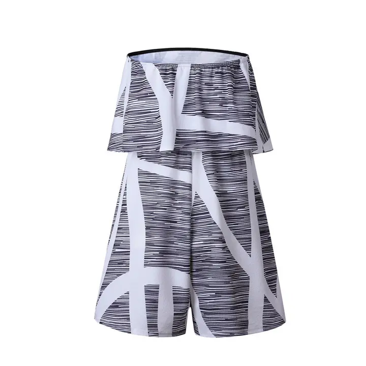 Panty jumpsuit with bodice V neckline and ruffled stripe print A dress, shorts