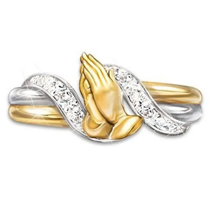 Exquisite 14K gold-plated prayer hand zircon ring