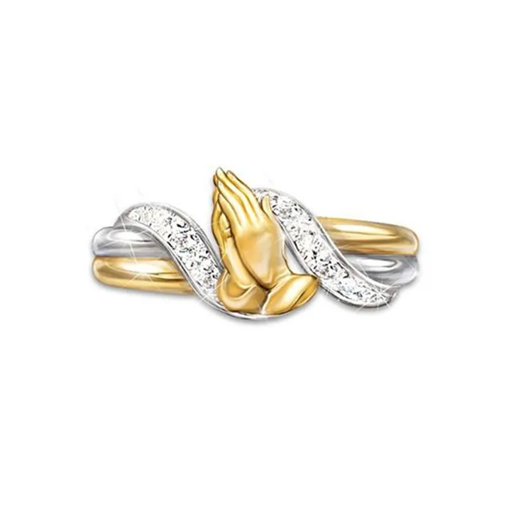 Exquisite 14K gold-plated prayer hand zircon ring