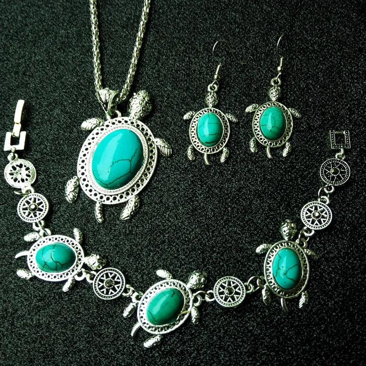 Retro Turquoise The turtle The necklace earrings Hand catenary A three-piece