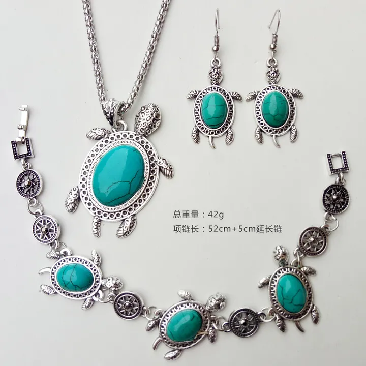 Retro Turquoise The turtle The necklace earrings Hand catenary A three-piece