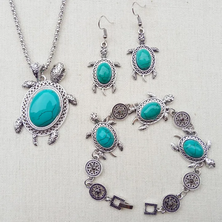 Retro Turquoise The turtle The necklace earrings Hand catenary A three-piece