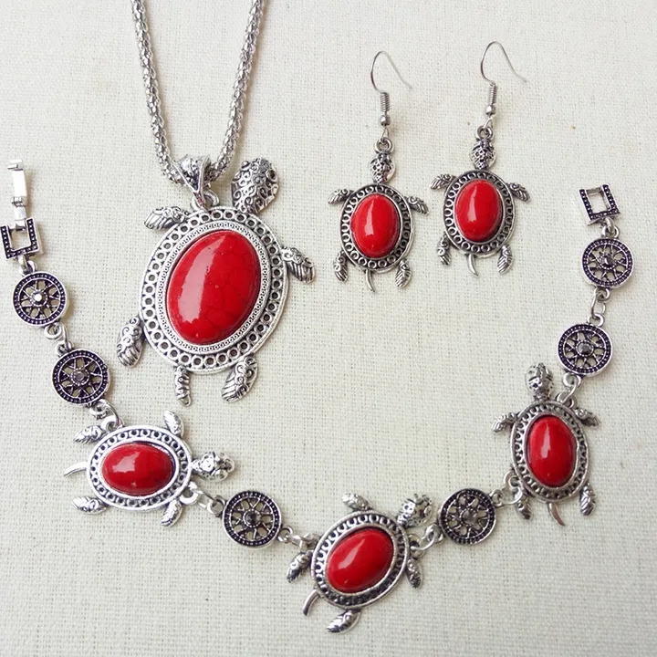 Retro Turquoise The turtle The necklace earrings Hand catenary A three-piece