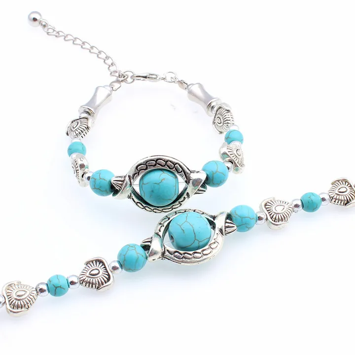 National style turquoise MiaoYin Tibetan silver Hand catenary bracelet