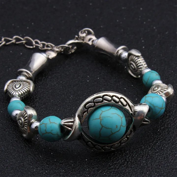 National style turquoise MiaoYin Tibetan silver Hand catenary bracelet
