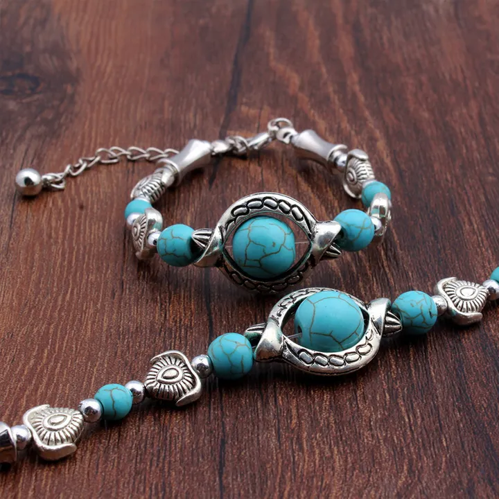National style turquoise MiaoYin Tibetan silver Hand catenary bracelet