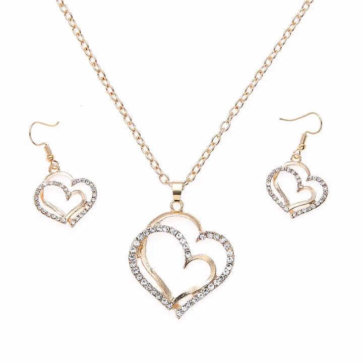Wedding banquet wedding dress accessories double heart heart earrings necklace set
