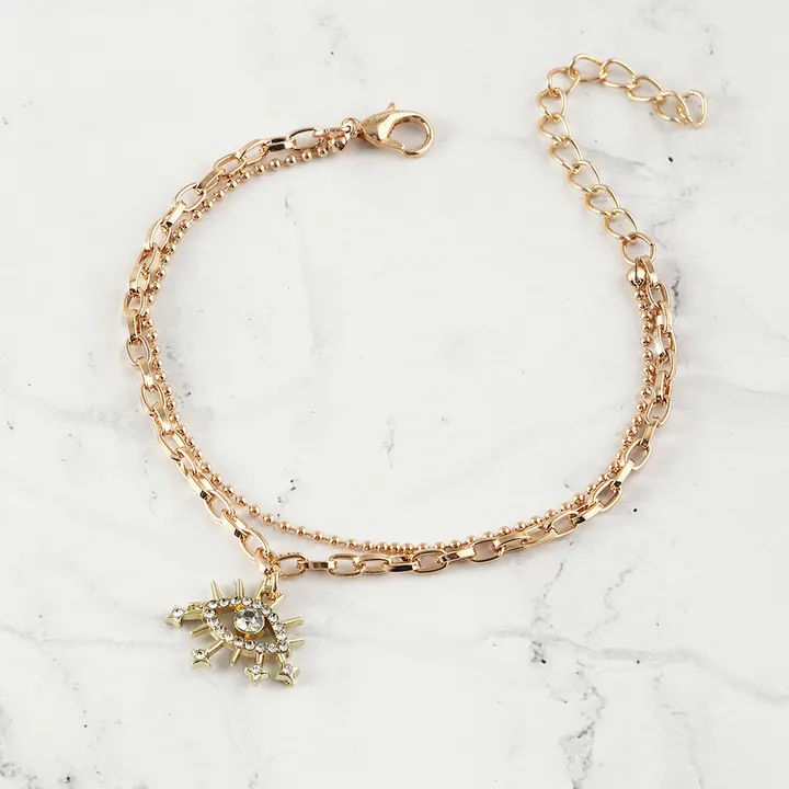 Girls' Bracelet 2 Piece Set Geometric Bracelet Planetary Heart Eye Butterfly Design Pendant Adjustable Bracelet Women's Gold