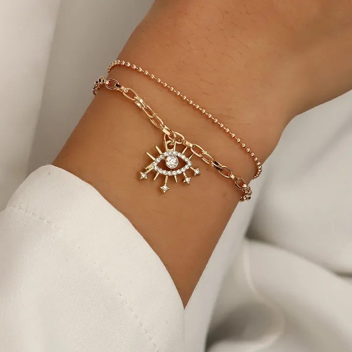 Girls' Bracelet 2 Piece Set Geometric Bracelet Planetary Heart Eye Butterfly Design Pendant Adjustable Bracelet Women's Gold