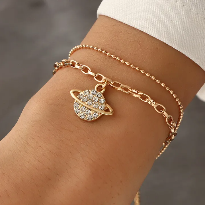 Girls' Bracelet 2 Piece Set Geometric Bracelet Planetary Heart Eye Butterfly Design Pendant Adjustable Bracelet Women's Gold