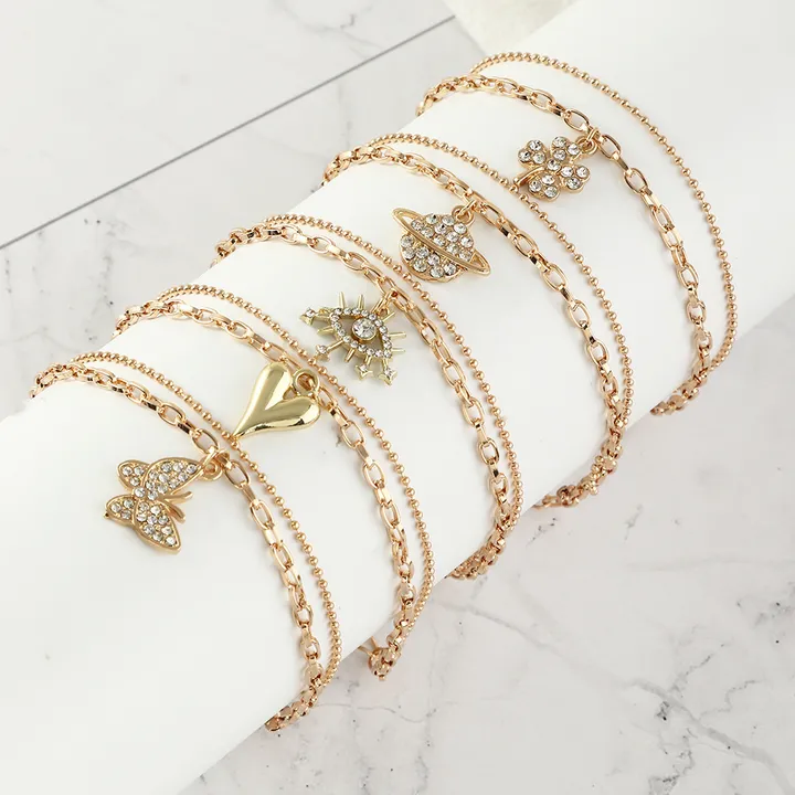 Girls' Bracelet 2 Piece Set Geometric Bracelet Planetary Heart Eye Butterfly Design Pendant Adjustable Bracelet Women's Gold