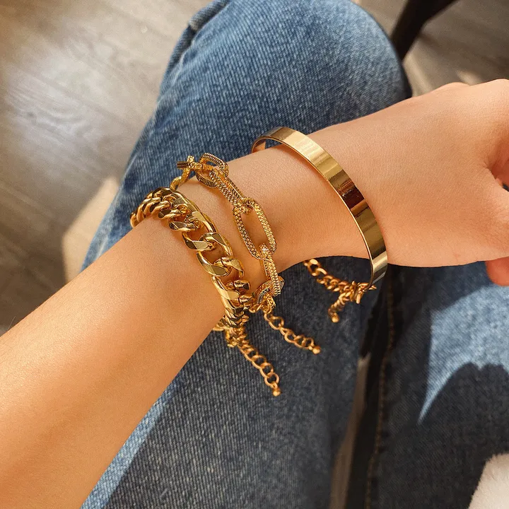 Girls' Bracelets Hip Hop Punk Bracelets Hemp Bracelets Women's Simple All-match Metal Chain Set Women's Jewelry 3-Piece Set