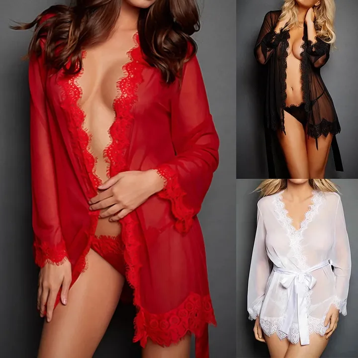 Sexy Women Lingerie Lace Night Dress Sleepwear Nightgown Bandage Deep V G-String See Through Sexy Sheer Sleep Dress