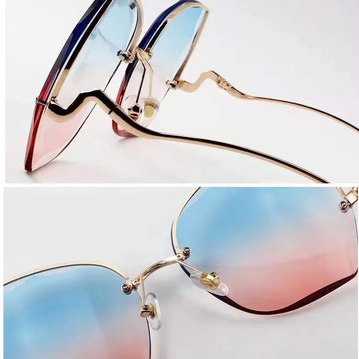 Fashion Tea Gradient Sunglasses Women Ocean Water Cut Trimmed Lens Metal Curved Temples Sun Glasses Female