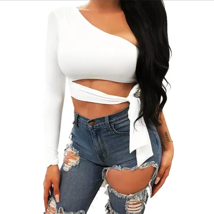 Women Lady Bandage Slim Tee Tops Long Sleeve one-shoulder Bow-tie Elastic Solid T Shirt Cold Shoulder Sexy Crop Top Summer