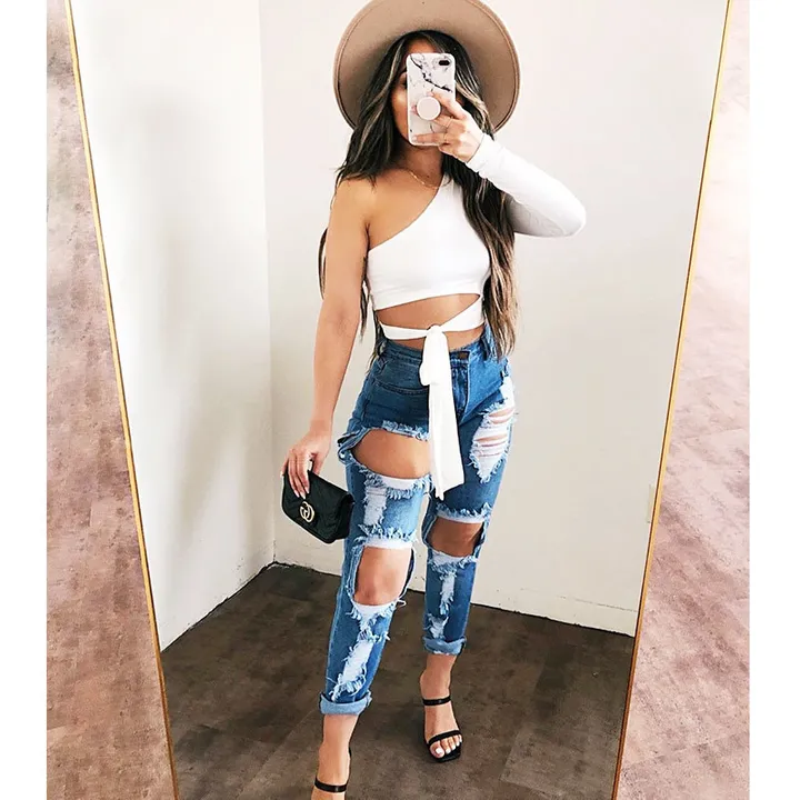 Women Lady Bandage Slim Tee Tops Long Sleeve one-shoulder Bow-tie Elastic Solid T Shirt Cold Shoulder Sexy Crop Top Summer