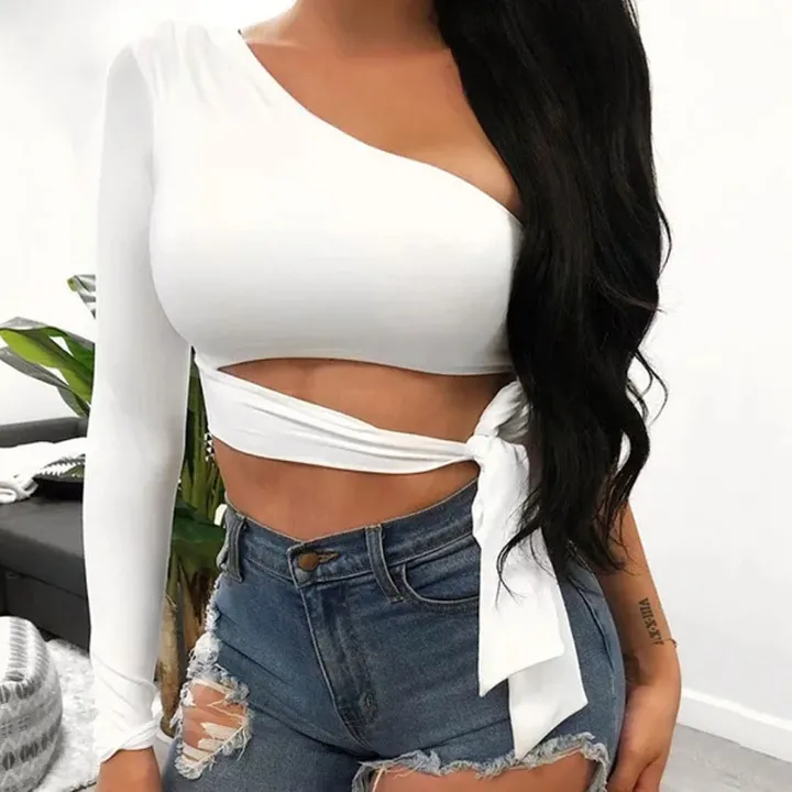 Women Lady Bandage Slim Tee Tops Long Sleeve one-shoulder Bow-tie Elastic Solid T Shirt Cold Shoulder Sexy Crop Top Summer