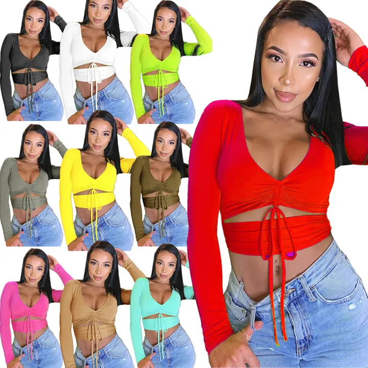 Women Tshirt  Long Sleeve Drawstring  V-neck  New Style  Sexy Elastic Female T-shirt  Streetwear Ladys Tops For Gatherings, Party Costume