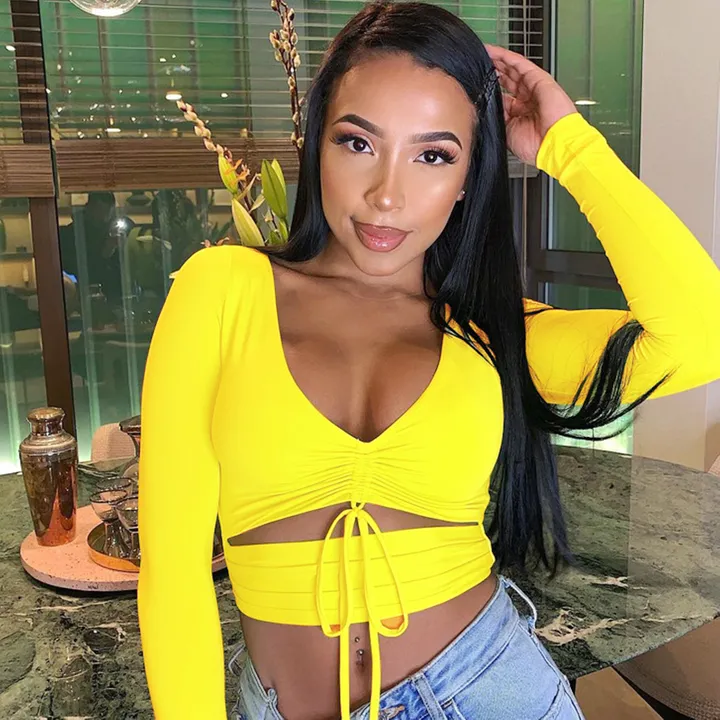 Women Tshirt  Long Sleeve Drawstring  V-neck  New Style  Sexy Elastic Female T-shirt  Streetwear Ladys Tops For Gatherings, Party Costume