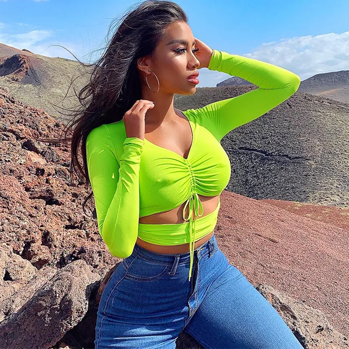 Women Tshirt  Long Sleeve Drawstring  V-neck  New Style  Sexy Elastic Female T-shirt  Streetwear Ladys Tops For Gatherings, Party Costume