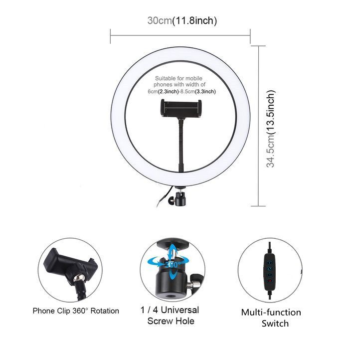 12 Inch Ring Light Selfie Light With Phone Clip