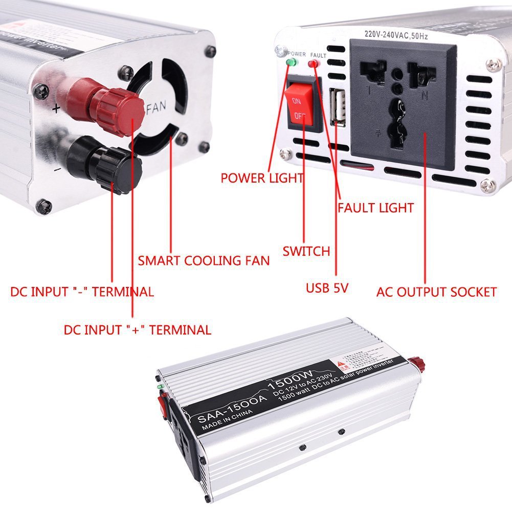 LOONFUNG Auto Solar Power Inverter DC 12V to AC 220V 1000W