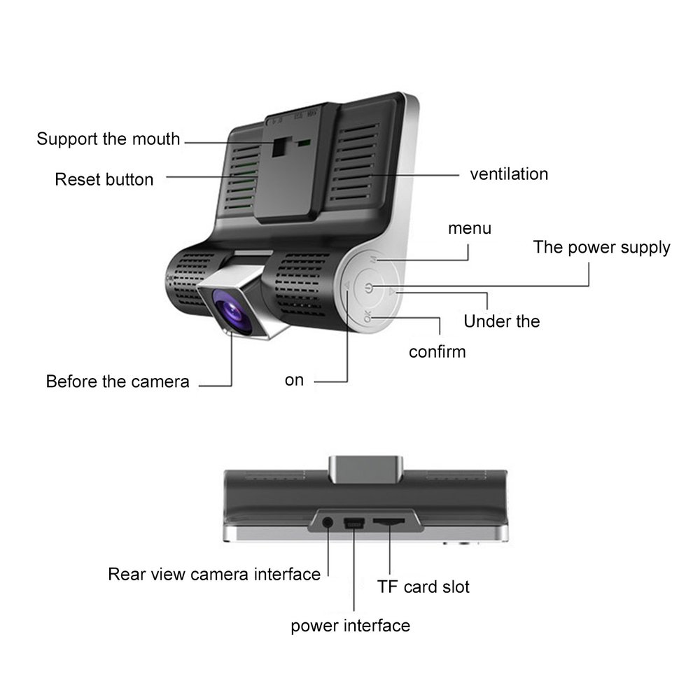 LOONFUNG Three Camera Car DVR Dash Camera 4" IPS Screen 1080P FHD Car Inside And Outside Camera