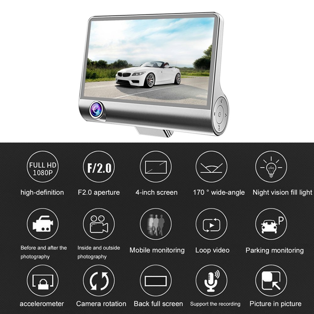 LOONFUNG Three Camera Car DVR Dash Camera 4" IPS Screen 1080P FHD Car Inside And Outside Camera