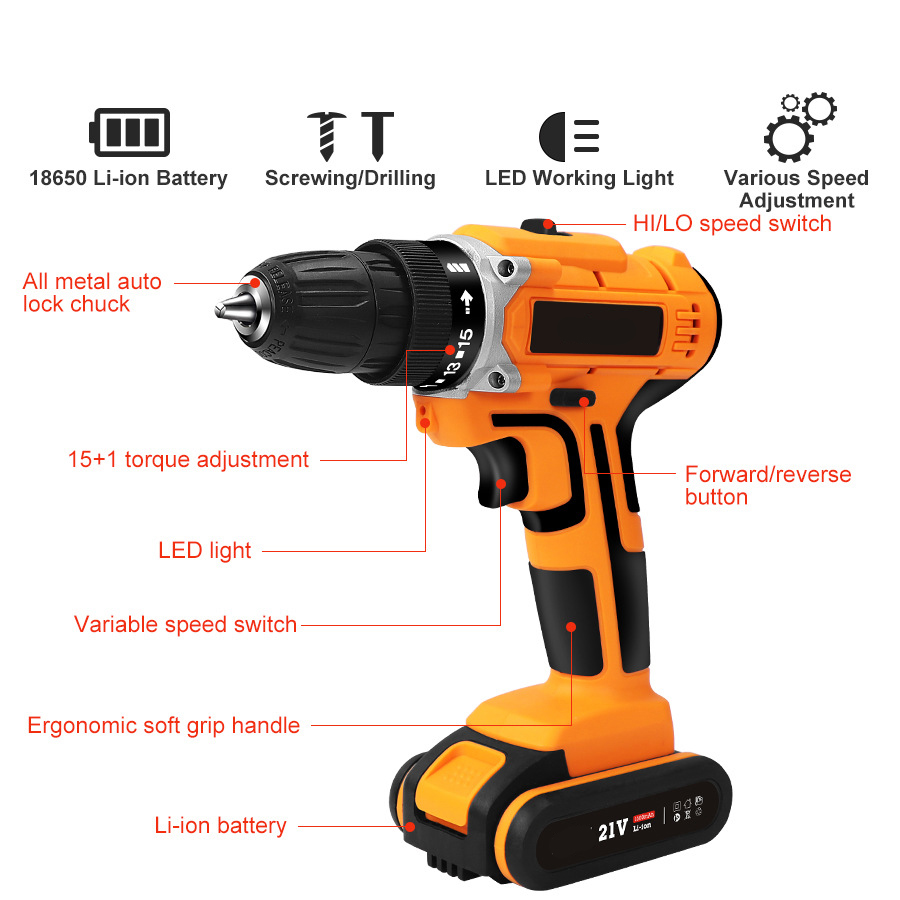 LOONFUNG 21V Electric Drill With Rechargeable Lithium Battery Electric Screwdriver