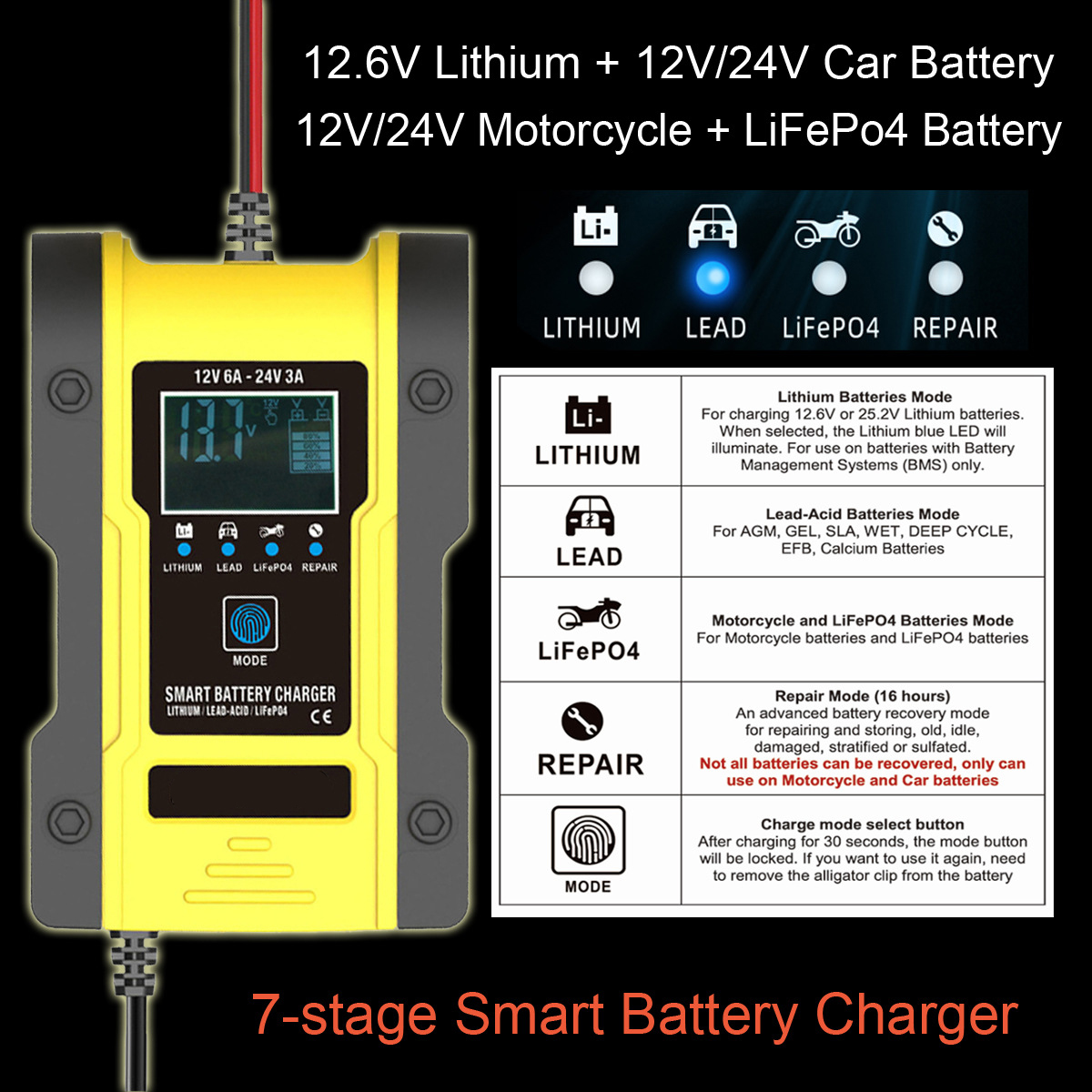 LOONFUNG Automatic Smart Pulse Car Battery Repair Charger Motorcycle Jump Starter