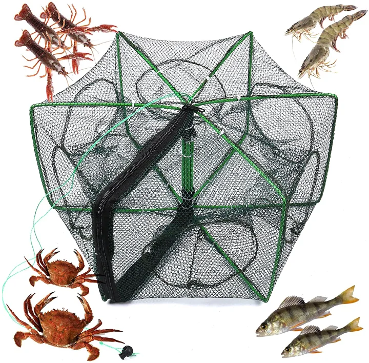 Collapsible Fishing Trap Net - 6/8/10 Hole Crab Crawfish Shrimp Bait Trap with Zipper - Portable Folding Fish Cage for Lake River Fishing