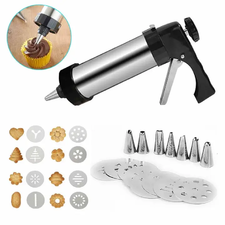 Stainless Steel Cookie Press Gun Kit - DIY Biscuit Maker & Decorator with 8 Icing Tips, 13 Design Molds, Easy-Load Handle, and Storage Box - Ideal for Home Baking and Professional Use