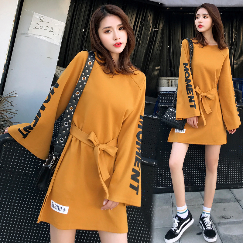 Fashion leisure Pure cotton yellow T-shirt skirt Round collar Loose sleeve belt Women&apos;s dress