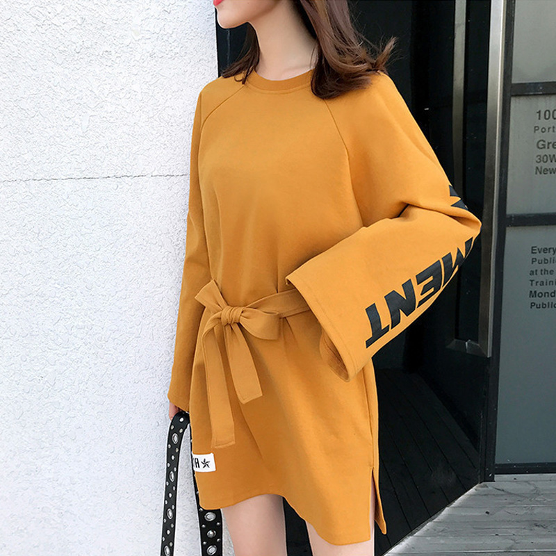Fashion leisure Pure cotton yellow T-shirt skirt Round collar Loose sleeve belt Women&apos;s dress