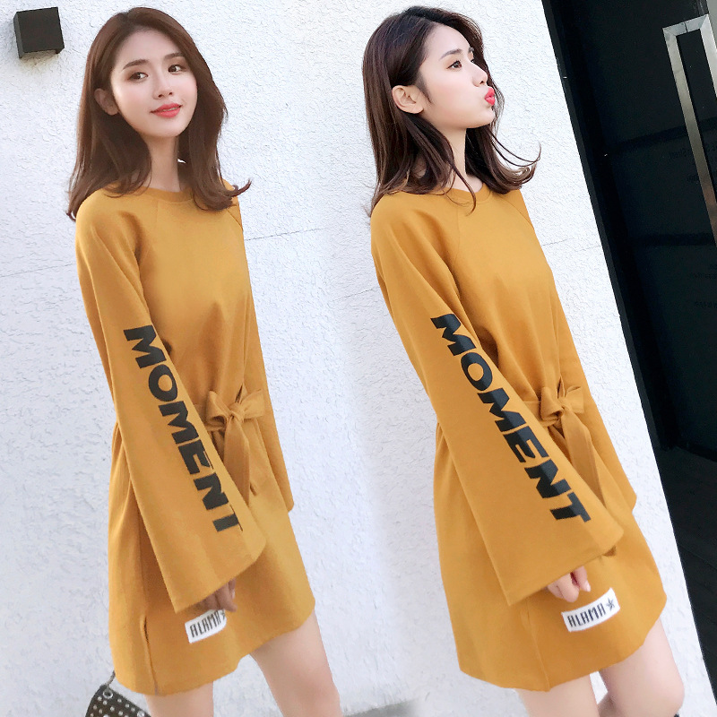 Fashion leisure Pure cotton yellow T-shirt skirt Round collar Loose sleeve belt Women&apos;s dress