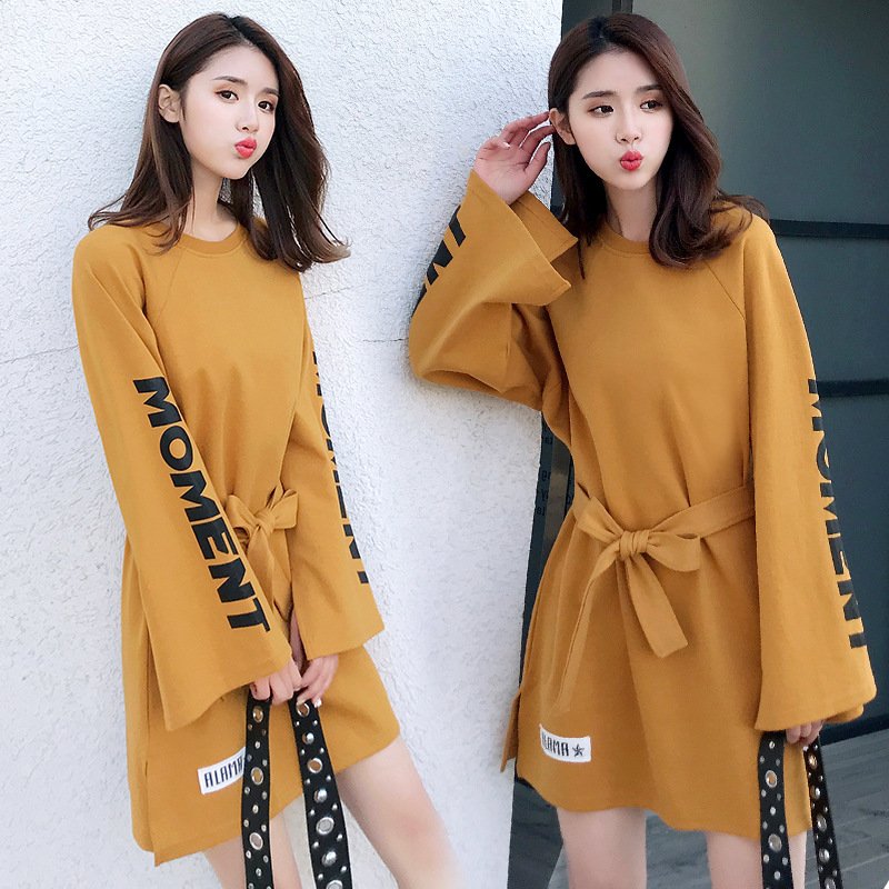 Fashion leisure Pure cotton yellow T-shirt skirt Round collar Loose sleeve belt Women&apos;s dress