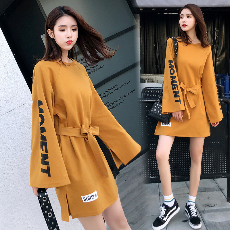 Fashion leisure Pure cotton yellow T-shirt skirt Round collar Loose sleeve belt Women&apos;s dress